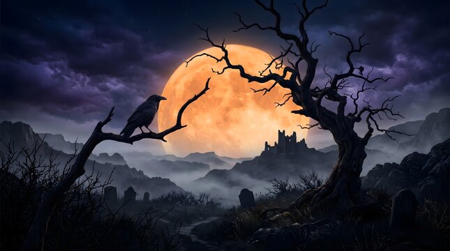 A spooky halloween background featuring a large orange full moon behind dark twisted trees and a perched black raven