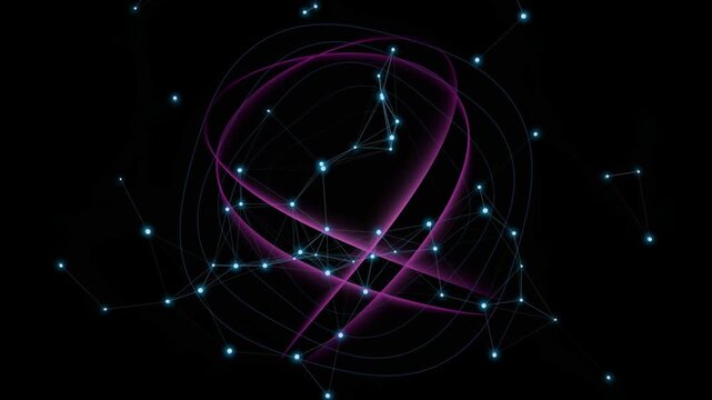 Futuristic plexus network animation, glowing blue data points with purple light trails, abstract digital technology background