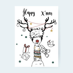 Fototapeta premium Hand drawn reindeer alpaca enjoying a Christmas holiday