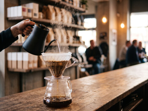 Barista pouring hot water from kettle into V60 drip coffee maker in cozy cafe