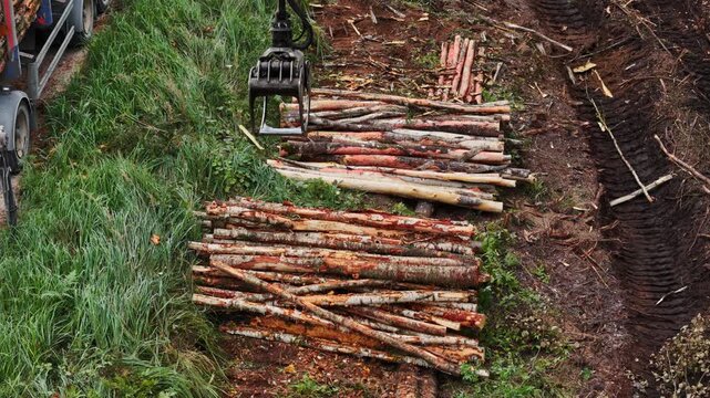 Slow motion aerial shows hydraulic grapple loading logs in rural Latvia