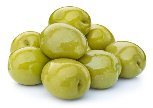 Fresh canned green olives. Pickled olives isolated on white background with clipping path