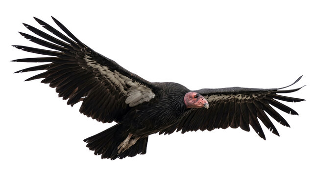 Condor bird with wings spread flying in sky over transparent background for nature and wildlife designs.