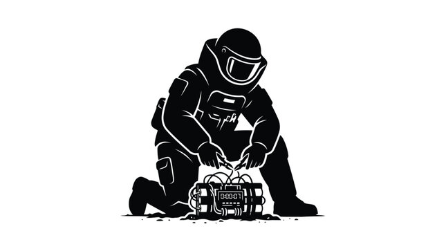 Bomb disposal expert cutting wire on explosive device vector graphic