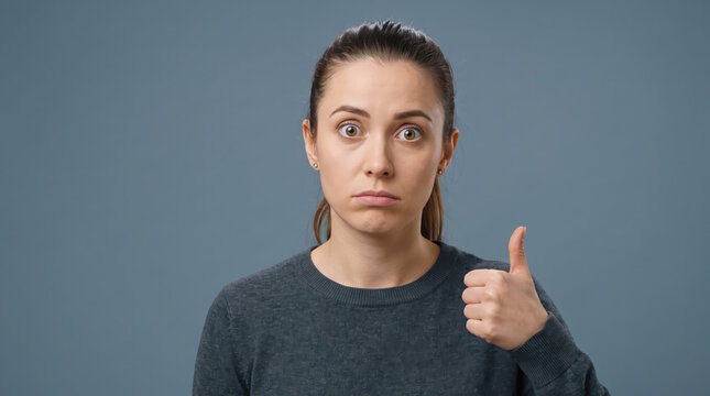 Unimpressed woman giving thumbs up gesture against gray background.