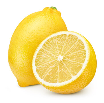 Fresh ripe lemon whole fruit with halves, slices and texture details. Organic lemon macro studio photo with clipping path. As design element