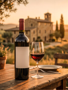 Bottiglia vino rosso calice campagna toscana tramonto
