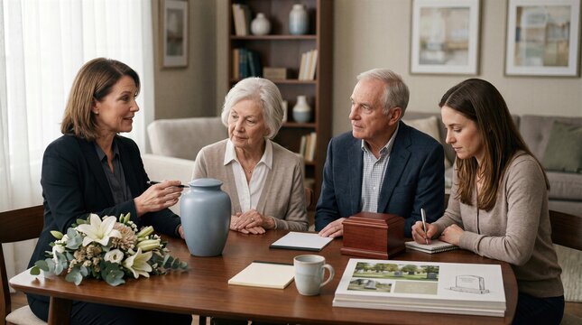 Family comparing burial and cremation options with a funeral advisor, using clear visual references like urns and casket materials for respectful end of life planning.