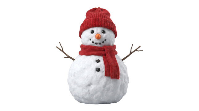 Cute snowman wearing red knit hat and scarf standing with stick arms on isolated transparent background.