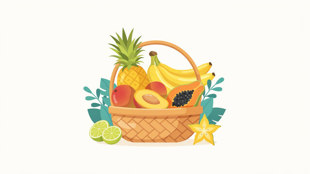 Colorful assortment of fresh tropical fruits in woven basket with decorative leaves and star shape transparent background