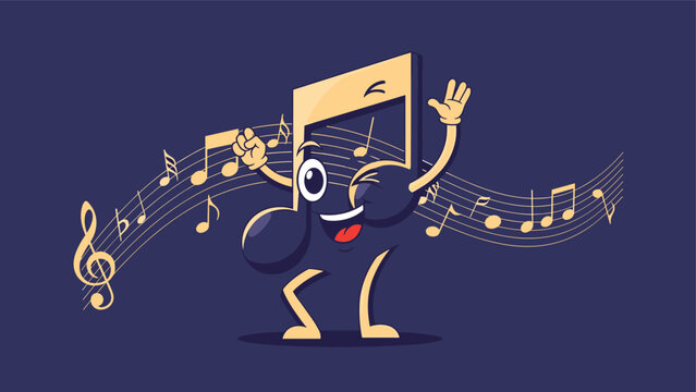 Cute cartoon eighth note character dancing joyfully on a dark purple background surrounded by musical staff.