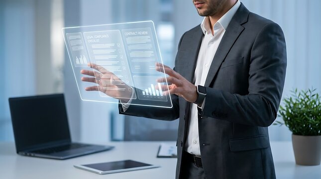 Business professional using digital interface with holographic projections in a modern office setting