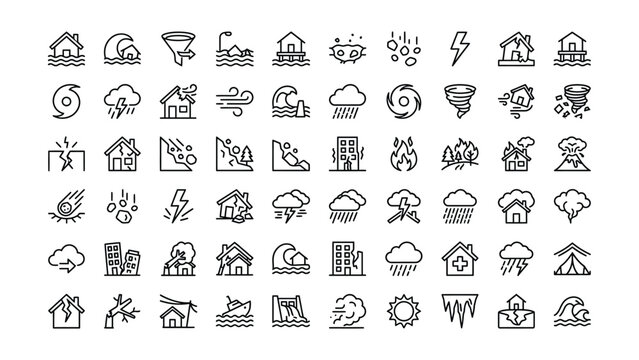 Set of thin line icons depicting natural disasters and severe weather events on a white background