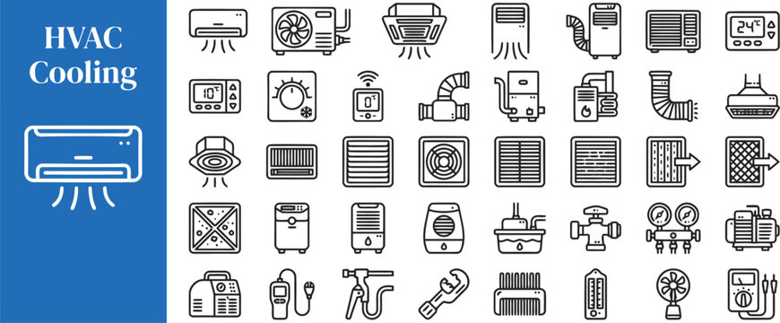 Cooling Systems outline icon set. Featuring vent, fan, duct, thermostat, and air conditioner symbols. Editable stroke vector icons for building maintenance dashboard and refrigeration service app.