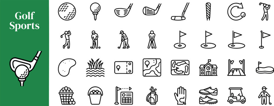 Golf Sports outline icon set. Featuring golf ball, club, tee, flag, and golfer symbols. Editable stroke vector icons for golf club website and tournament score application.