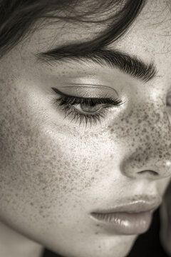 Close-up portrait of a woman with freckles on her face, suitable for beauty and lifestyle applications. vertical frame