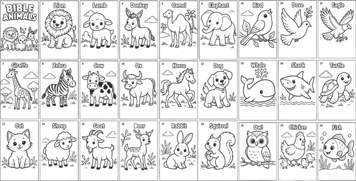 Bible Animals outline coloring page set. Featuring lion, lamb, donkey, camel, and elephant scenes. Editable vector line art for Christian children activity book and Sunday school worksheet.