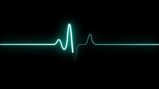 Bright glowing cyan neon heartbeat line pulse rhythm sign isolated on dark black background representing life and medical digital health monitoring concept for hospital technology and science display