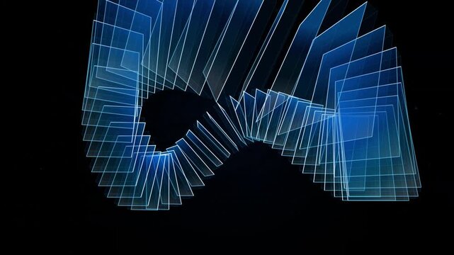 Abstract blue glass panels forming infinity loop. Futuristic digital data screens on black background. High-tech motion graphics for corporate video.