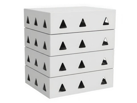 Stack of white boxes with black triangle patterns isolated on transparent background
