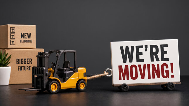 Toy forklift pulling cart with we're moving sign and cardboard boxes for business relocation concept