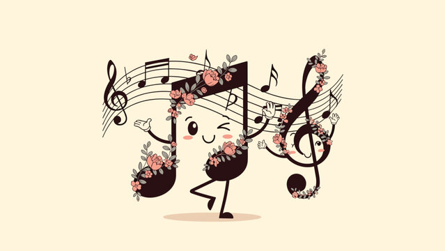 Cute dancing eighth note and treble clef cartoon characters decorated with beautiful pink roses on music staff.