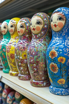 Row of colorful Russian nesting dolls stacked on a wooden shelf. vertical frame