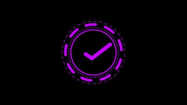 Abstract purple glowing neon circle hud interface design element with dashed lines and dots for futuristic technology and digital sci fi motion graphics isolated on a dark black background