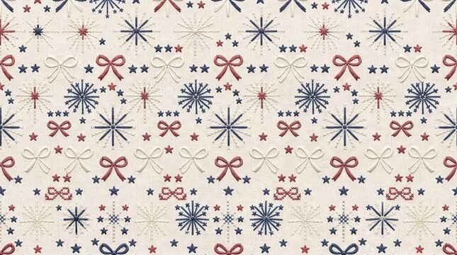 Patriotic embroidered fabric pattern with stars bows and floral motifs in red white and blue