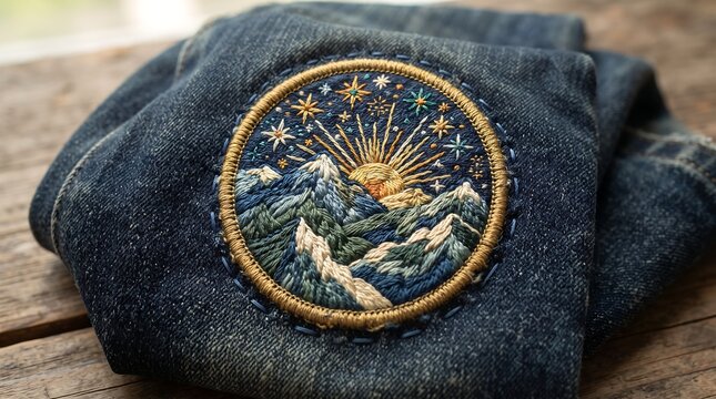 Close up of denim jeans pocket with detailed embroidered sun and mountain landscape patch design