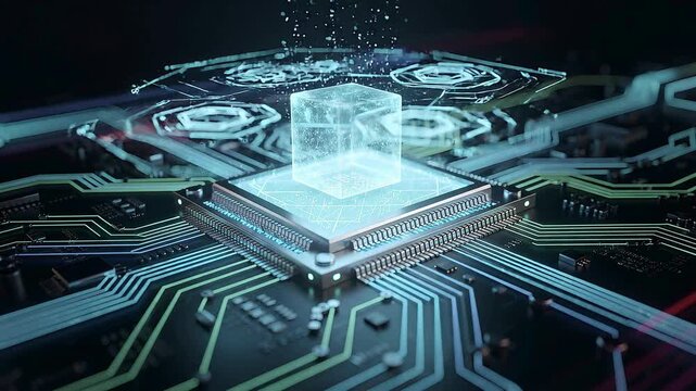 Futuristic quantum computing animation with glowing processor core and digital data cube on advanced circuit board, artificial intelligence, data processing and next generation hardware