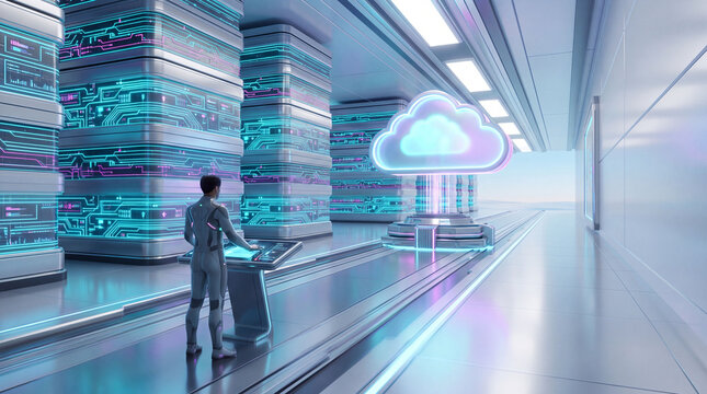 Futuristic cloud storage platform in bright data center