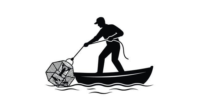 Fisherman pulling lobster trap from boat vector artwork