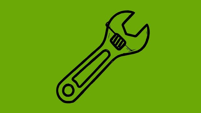 animated hand drawn black fill adjustable wrench tool with line boil effect and green screen chroma key background, perfect for maintenance and repair video projects