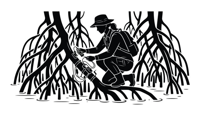 Environmental researcher analyzing mangrove forest roots vector illustration
