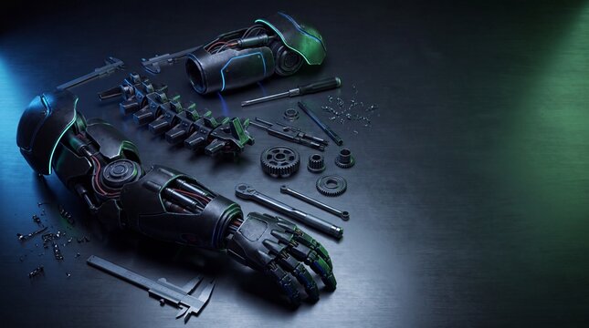 futuristic robotics design, futuristic exoskeleton parts illuminated by dramatic rim lighting on a sleek surface