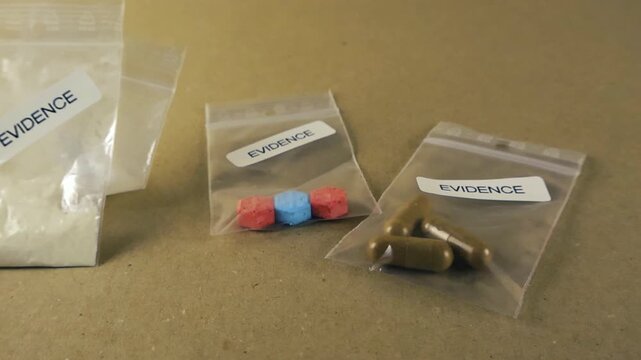 Illegal drugs in plastic evidence bags, including ecstasy pills, cocaine powder, and capsules, confiscated from a crime scene during a police investigation of a drug trafficking operation