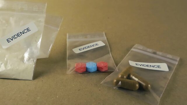 Confiscated illicit substances, including white powder, colorful ecstasy pills, and capsules, are packaged in transparent evidence bags as part of a criminal investigation at a crime lab