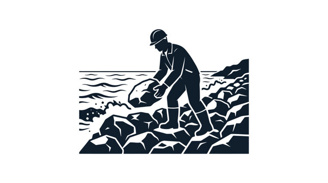 Worker placing riprap rocks on shoreline for erosion control vector