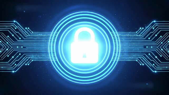 Futuristic cybersecurity animation with glowing digital lock and connected circuit network, secure data protection concept, encryption privacy technology, online safety and cyber defense