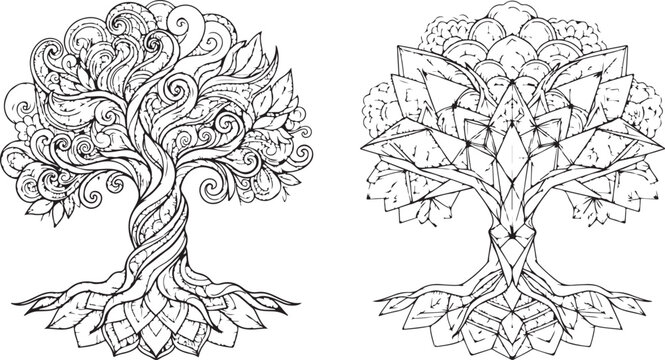 Vector detailed line art illustration of decorative tree of life designs featuring intricate swirl patterns geometric shapes and spiritual mandala roots with leaves