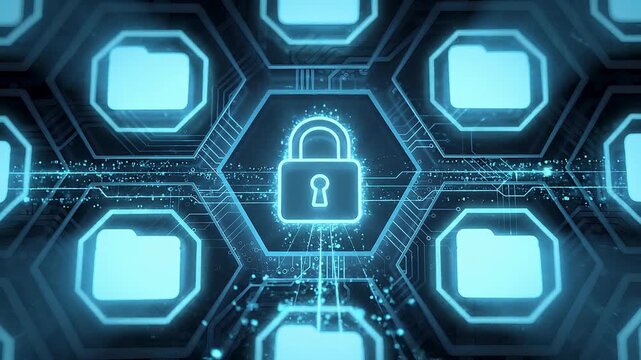 Futuristic cybersecurity animation with glowing padlock and linked digital folders, secure data network with encryption and privacy protection, cyber defense technology for cyber safety