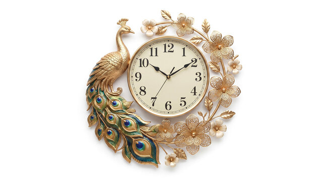 Elegant peacock wall clock with ornate floral accents and detailed metallic finish.
