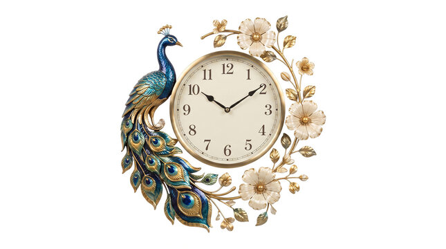 Elegant peacock wall clock with ornate floral accents and detailed metallic finish.