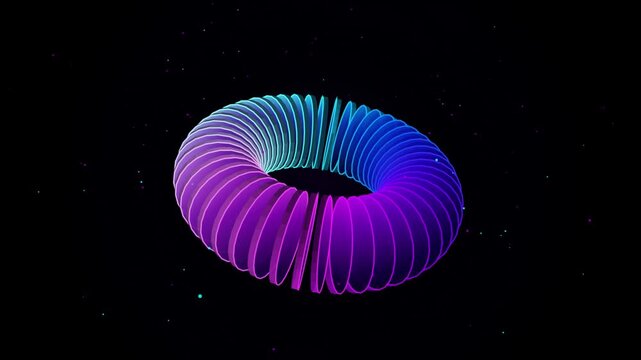 Futuristic neon torus animation, glowing purple and blue 3D ring loop, abstract geometric shape rotating in dark space background