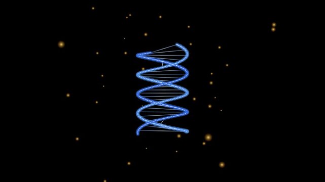 Glowing blue DNA helix animation, rotating double helix molecule on black background, scientific genetic research concept video