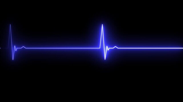 Bright blue glowing heart rate monitor pulse line heartbeat rhythm display on a dark black background representing medical health care life signs and cardiology technology for hospital emergency room