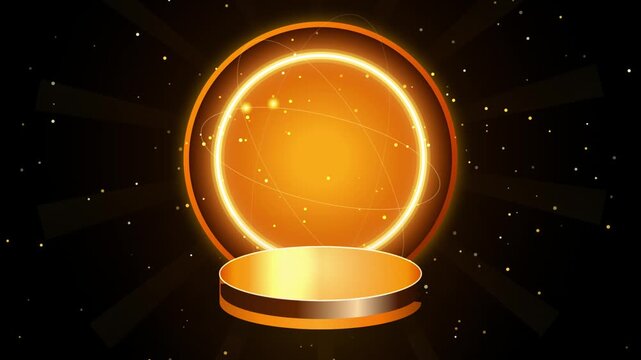 Golden podium with glowing neon ring, luxury product display stage on dark background, cinematic award ceremony platform with sparkles