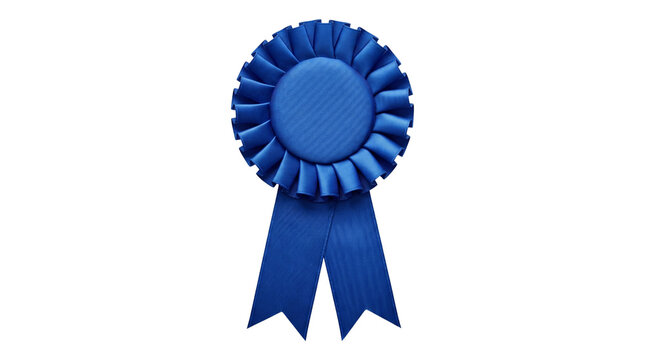 Award blue ribbon rosette with blank center and pleated fabric isolated on transparent background png.