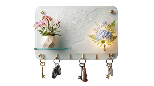 Frosted glass wall organizer with floral motifs and key hooks for entryway decor.